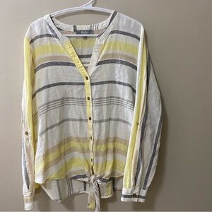 Boho linen  women's button front shirt size medium long sleeve tie beach
